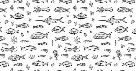 Fish, lobster, shrimp and squid hand drawn seamless pattern. Ocean fish and sea life outline wallpaper. Seafood elements on white background. Design for branding, restaurant and menu.