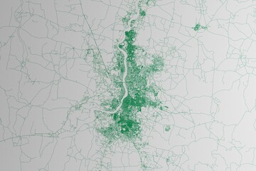 Map of the streets of Kolkata (India) made with green lines on white paper. 3d render, illustration