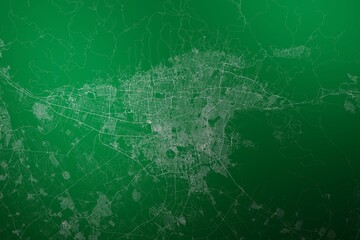 Map of the streets of Tehran (Iran) made with white lines on abstract green background lit by two lights. Top view. 3d render, illustration - obrazy, fototapety, plakaty
