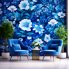 blue  flowers in the spring, blooming gracefully against a backdrop of vibrant greenery. Bring the essence of nature indoors with our enchanting floral wallpaper.
