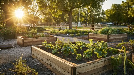 Community Garden A peaceful community garden plot with raised beds and communal spaces illuminated AI generated illustration