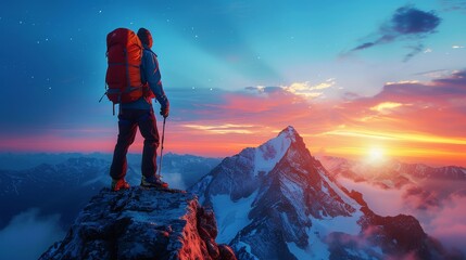 A man stands on the peak of a mountain, enjoying a destination that represents the achievement of his goals. - obrazy, fototapety, plakaty