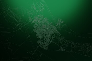 Street map of Basra (Iraq) engraved on green metal background. Light is coming from top. 3d render, illustration - obrazy, fototapety, plakaty