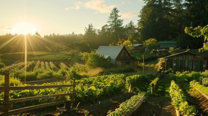 Community-Supported Agriculture A serene scene featuring a sunlit CSA farm with organic produce and community involvement  AI generated illustration - obrazy, fototapety, plakaty