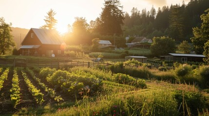 Community-Supported Agriculture A serene scene featuring a sunlit CSA farm with organic produce and community involvement  AI generated illustration - obrazy, fototapety, plakaty
