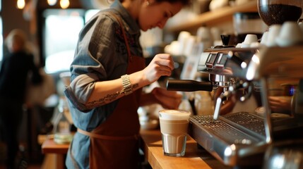 Barista in denim apron carefully pouring milk to create latte art in a coffee cup at a bustling cafe.