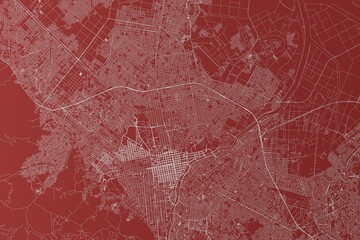 Map of the streets of Sapporo (Japan) made with white lines on red background. Top view. 3d render, illustration