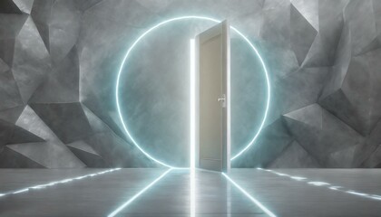 door to the light night wallpaper texted Technology portal with bright neon light. Low poly futuristic door in tech blue. Opportunity concept on dark background