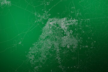 Map of the streets of Lahore (Pakistan) made with white lines on abstract green background lit by two lights. Top view. 3d render, illustration - obrazy, fototapety, plakaty