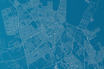 Map of the streets of Dammam (Saudi Arabia) made with white lines on blue background. 3d render, illustration - obrazy, fototapety, plakaty