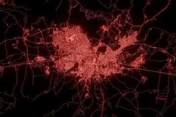 Street map of Adana (Turkey) made with red illumination and glow effect. Top view on roads network. 3d render, illustration - obrazy, fototapety, plakaty