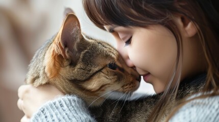 Close-up of a young woman and her tabby cat sharing a quiet moment of affection.