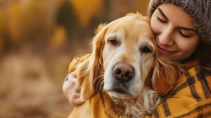 Woman in a yellow scarf lovingly embraces her golden retriever in an autumn setting.