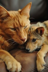 Ginger cat and small puppy enjoying a cozy nap together on a brown sofa.
