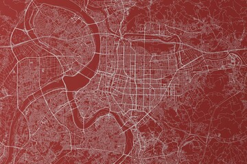 Map of the streets of Taipei (Taiwan) made with white lines on red background. Top view. 3d render, illustration - obrazy, fototapety, plakaty