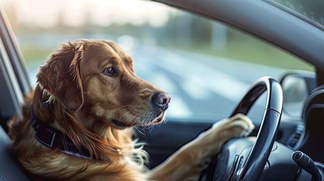 As the car cruises along the highway, bystanders do a double-take at the sight of a canine chauffeur, defying expectations with each turn of the wheel