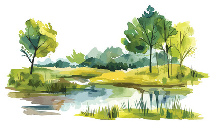 Hand painting watercolor nature landscape flat vector