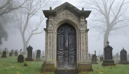 Fototapeta na wymiar A door with intricate carvings in a misty graveyard