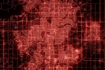 Street map of Edmonton (Canada) made with red illumination and glow effect. Top view on roads network. 3d render, illustration - obrazy, fototapety, plakaty