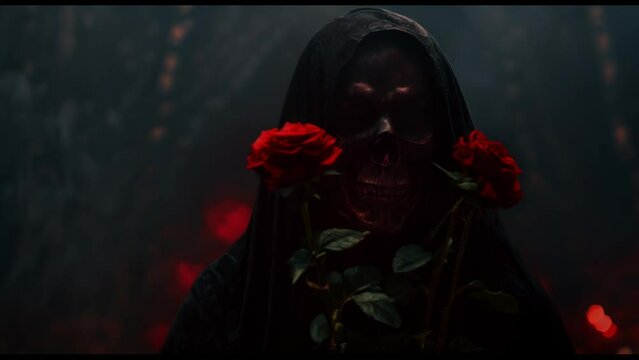 Intriguing Image Of The Grim Reaper With Roses, Symbolizing Life And Death