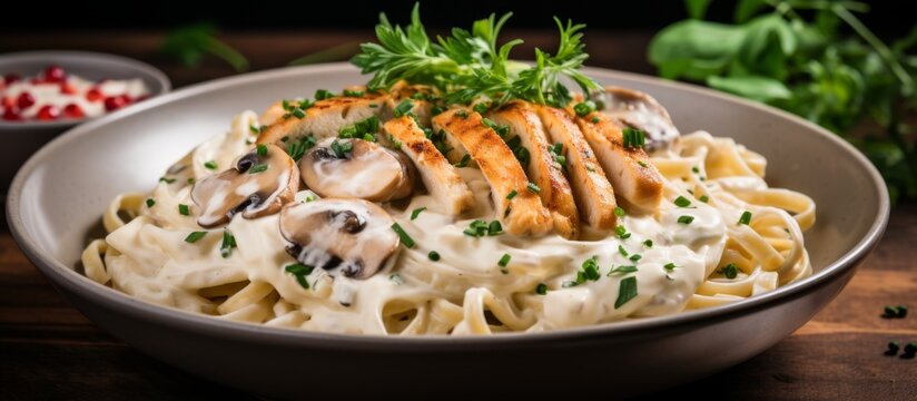 Delicious close up of a bowl filled with tasty pasta topped with tender chicken pieces and flavorful mushrooms
