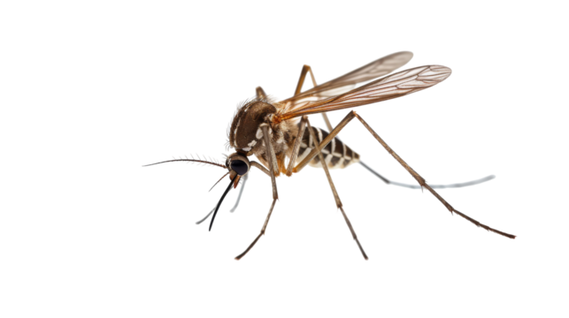 A detailed close-up of a mosquito poised on a white background