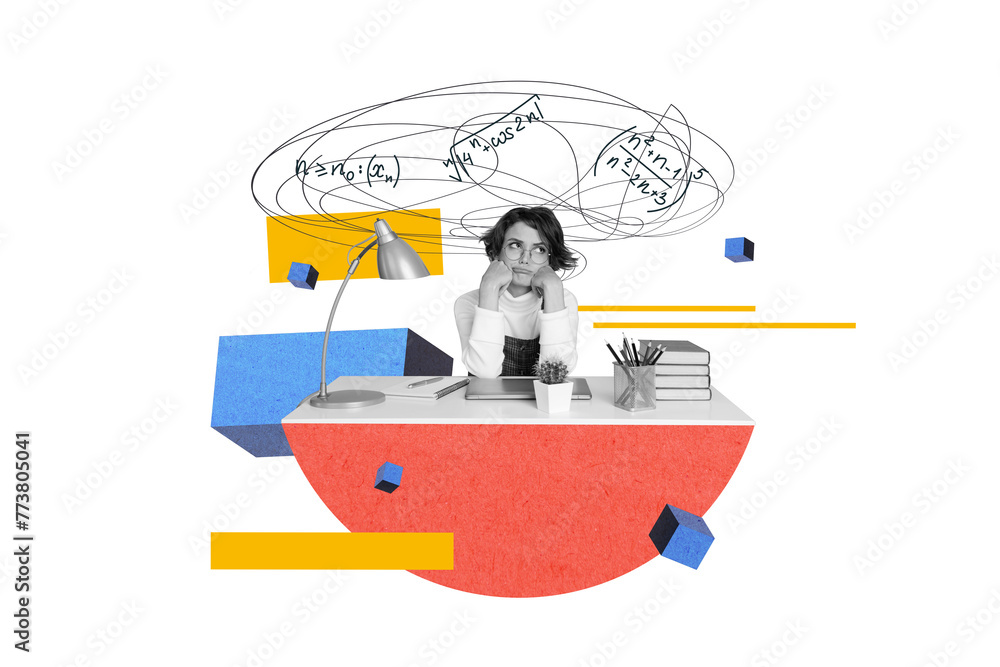 Wall mural 3d retro abstract creative artwork template collage of tired lady trying solve math example isolated painting background