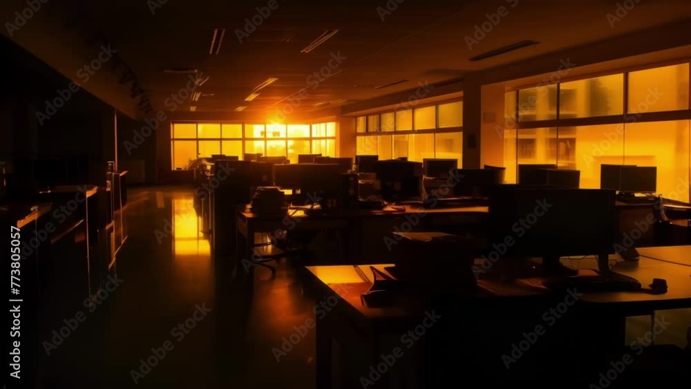Poster a darkened office building with rows of empty desks a stark contrast to the usual bustling activity 