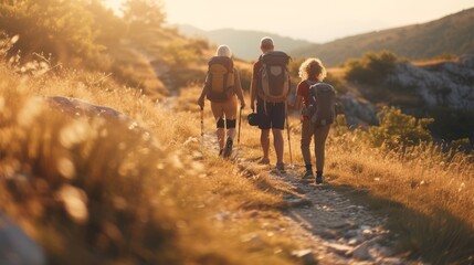 Three individuals hiking through a beautiful natural landscape during the golden hour. - obrazy, fototapety, plakaty