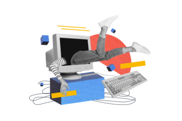 Exclusive magazine picture sketch collage image of funky funny lady stuck inside old computer isolated painting background