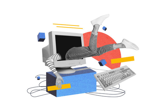 Exclusive magazine picture sketch collage image of funky funny lady stuck inside old computer isolated painting background