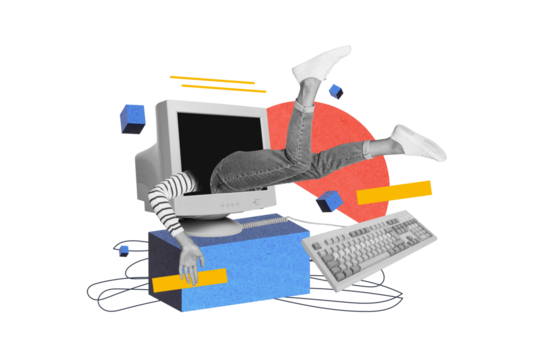 Exclusive magazine picture sketch collage image of funky funny lady stuck inside old computer isolated painting background