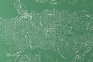 Stylized map of the streets of Vancouver (Canada) made with white lines on green background. Top view. 3d render, illustration - obrazy, fototapety, plakaty