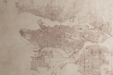 Map of Vancouver (Canada) on an old vintage sheet of paper. Retro style grunge paper with light coming from right. 3d render