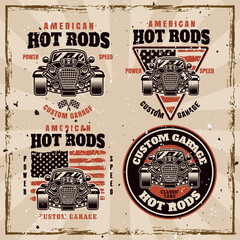 Hot rod set of vector emblems, labels, badges or prints in vintage style on background with grunge removable textures