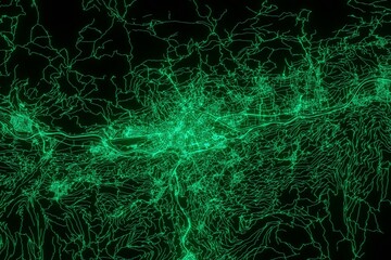 Map of the streets of Innsbruck (Austria) -made with green illumination and glow effect. Top view on roads network. 3d render, illustration - obrazy, fototapety, plakaty