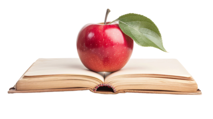 A ripe apple perches atop a open book, symbolizing the fusion of knowledge and nature