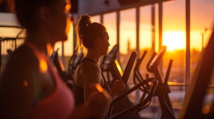 Side view of people on treadmills engaged in their exercise routines during a beautiful sunset.