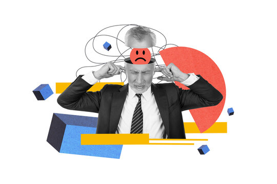 Photo collage artwork minimal picture of irritated guy worker having exploding brain head isolated drawing background