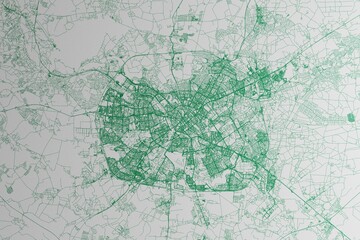 Map of the streets of Minsk (Belarus) made with green lines on white paper. 3d render, illustration