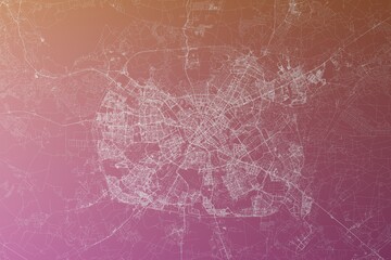 Map of the streets of Minsk (Belarus) made with white lines on pinkish red gradient background. Top view. 3d render, illustration - obrazy, fototapety, plakaty