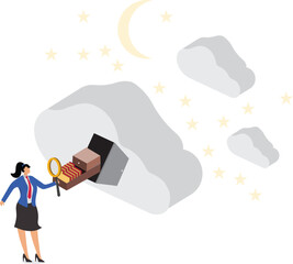 Computer cloud database sharing, file storage and search, business technology services and support, isometric businesswoman with a magnifying glass searching and storing files inside an open drawer in