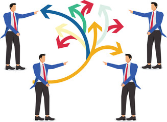 Different ideas, each with their own opinions, confusing discussions, isometric groups of businessmen pointing their fingers in different directions with confusing arrows