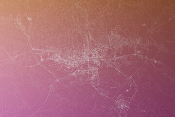 Map of the streets of Zagreb (Croatia) made with white lines on pinkish red gradient background. Top view. 3d render, illustration - obrazy, fototapety, plakaty