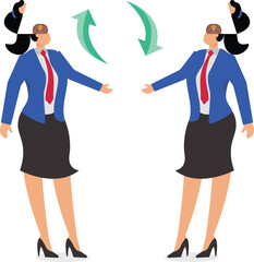 Exchange of ideas, brainstorming to solve problems, sharing of ideas and knowledge, self-improvement and skills training, isometric exchange of brain ideas between two businesswomen face to face