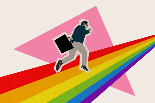 Creative poster collage of running fast man rainbow lgbt diversity symbol way imagination dream fantasy billboard comics zine