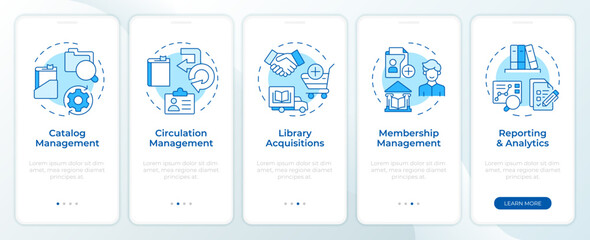 Library customer service blue onboarding mobile app screen. Walkthrough 5 steps editable graphic instructions with linear concepts. UI, UX, GUI template. Montserrat Semibold, Regular fonts used - obrazy, fototapety, plakaty