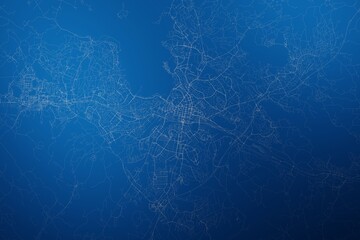 Stylized map of the streets of Lahti (Finland) made with white lines on abstract blue background lit by two lights. Top view. 3d render, illustration - obrazy, fototapety, plakaty