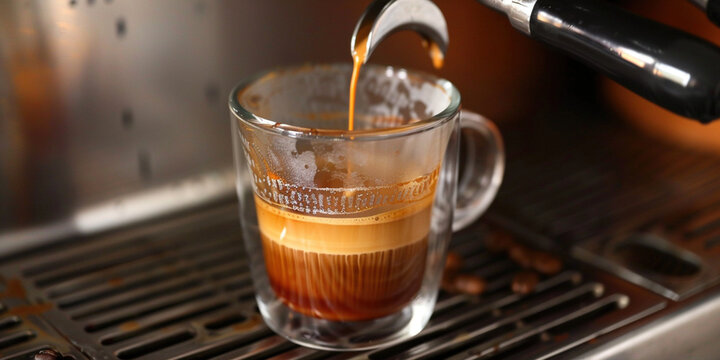 Business Man Or Barista Brewing Espresso Coffee Beverage In Cup Using Coffeemaker. Close Up View. Espresso Pouring From Coffee Machine. Professional Coffee Brewing