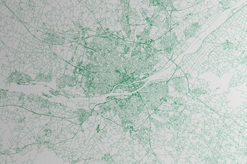 Map of the streets of Nantes (France) made with green lines on white paper. 3d render, illustration